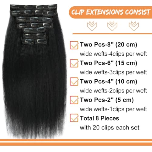 Kinky Straight Clip ins 8Pcs 110g 26 Inch Clip in Hair Extensions Real Human Hair Yaki Straight Clipins for Black Women Full Head Brazilian Remy Hair Extensions Double Weft 20 Clips