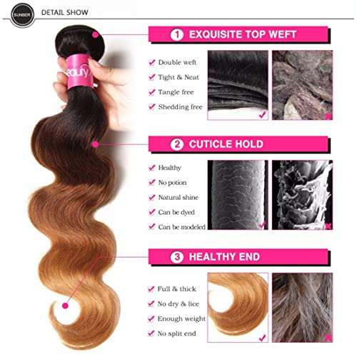 Sunber Ombre Brazilian Hair Bundles Body Wave 12A Grade Human Virgin Hair One Bundles 3 Tone 1B/4/27 Color Hair Extensions 18Inch T1B/4/27 Color