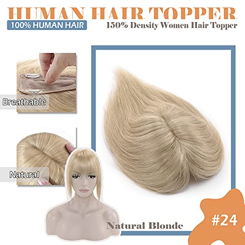 Hairro Human Hair Toppers With Bangs Clip In Remy Topper Hairpiece For Women Clip On Toupee Wispy Air Bang Middle Part With Thinning Hair Loss 12 Inch 38g #24 Natural Blonde