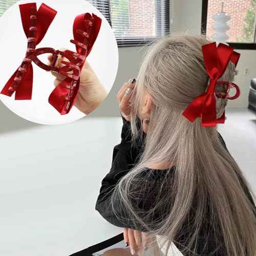 Sizobi Red Hair Bows Clips Satin Bow Claw Clip, Big Christmas Hair Bows Barrettes Hair Accessories for Women Girls 2pcs, Large Red Bow for Thin Thick Curly Hair