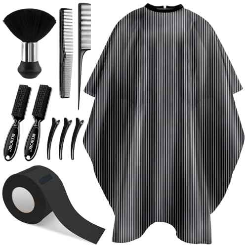 NICEMOVIC 10 in 1 Hair Cutting Barber Cape with Neck Duster Brush Barber Brush Neck Strips Hair Combs Hair Clips, Professional Barber Accessories Cleaning Supplies for Salon Haircut Styling (Stripe)