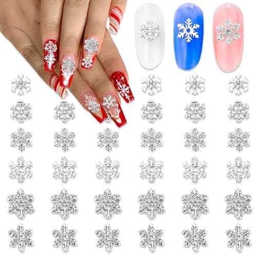 SILPECWEE 36pcs Silver Snowflake Nail Charms Jewels 3D Flat-back Nail Rhinestone Charms Alloy Christmas Charms for Nails Hollow Nail Studs Nail Art Decoration for DIY Salon Nail Accessories