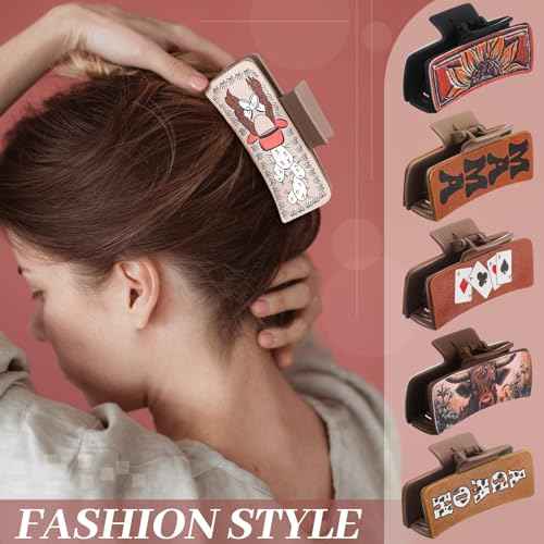 8 Pcs Western Hair Claw Clips Gifts Leather Highland Cow Print Large Hair Claw Clips Western Accessories Christmas Supplies for Women Long Short Hairstyle Gifts(Highland)