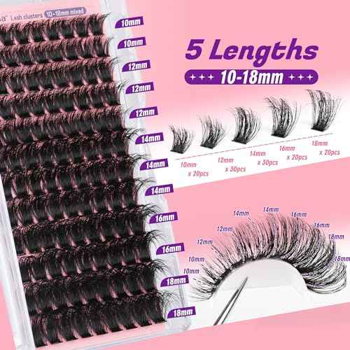 Focipeysa Fluffy Lash Clusters 100D Eyelash Clusters 10-18mm Fluffy Volume Individual Lashes D Curl Cluster Eyelash Extensions DIY Lash Extension for Beginners