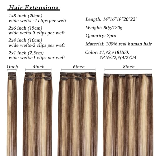 Savasana Clip in Hair Extensions Real Human Hair Straight 7 Pcs Balayage Clip in Hair Extensions Double Weft Thick Chocolate Brown to Caramel Blonde 16 Inch 120g