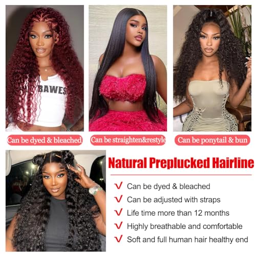 Deep Wave Lace Front Wigs Human Hair 200% Density 13x4 HD Curly Lace Frontal Glueless Wigs for Women Pre Plucked Deep Wave Natural Color (24 Inch)