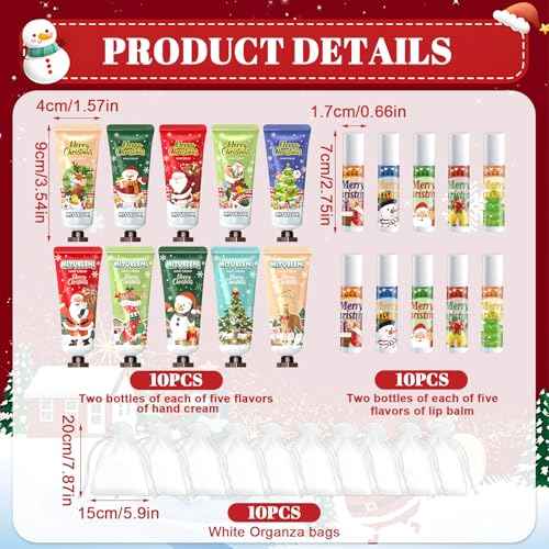 JAOJAO Christmas Lip Balm Bulk, Christmas Hand Cream with Organza Bag and Thank You Card Gentle Nourishing for Xmas for Girlfriend Wife Mother Colleague Teacher, Set of 40