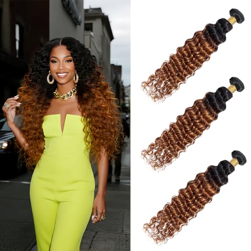 Light Brown Human Hair Bundles Deep Wave 20 22 24 Inch Brazilian Virgin Hair Double Weft Wet and Wavy No Tangle Hair Extensions for Black Women 3 Bundles