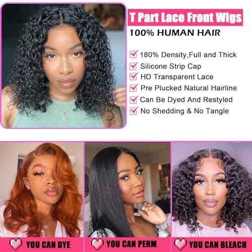 Short Lace Front Wigs for Black Women T Part 13x5.5x1 Glueless HD Lace Pre Plucked Hairline Deep Curly Wigs Afro Curly 100% Human Hair Wig Natural Color 8inch