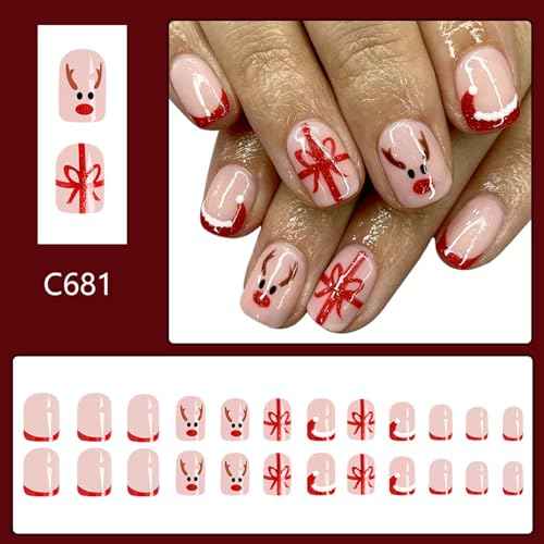 Christmas Square Press on Nails Short Fake Nails Red French Tip False Nails with Gifts Elk Design Glossy Christmas Glue on Nails Cute Santa Hat Nail Tips Acrylic Nails Winter Stick on Nails for Women