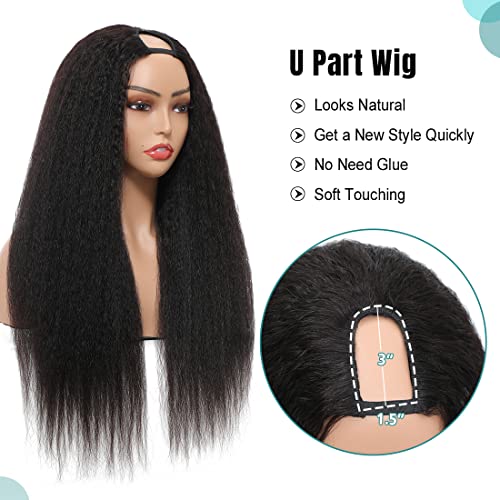 U Part Wig Human Hair Kinky Straight Wigs for Black Women, 14 inch Italian Yaki Straight Half Wig Upgrade U Shape Clip in Wigs Remy Human Hair Extension
