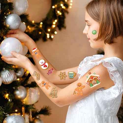 Merry Christmas Gingerbread Temporary Tattoos - 8 Sheets 280 Pcs Birthday Party Decorations Cute Man Cookies Tattoo Stickers for Boys Girls Xmas Party Favors Decor Gifts