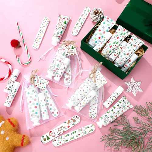 24 Sets/144 Pcs Christmas Party Favors Christmas Hand Cream Body Lotion Lip Balm Nail File Gifts Set Xmas Stocking Stuffers Travel Size Lotion Bulk Holiday Party Supplies for Coworkers Women Adults