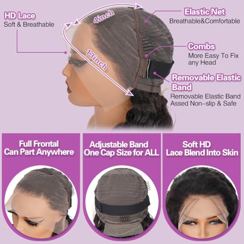 Deep Wave Lace Front Wig Human Hair 13x4 HD Lace Front Deep Wave Wig For Women Frontal Brazilian Human Hair Pre Plucked Curly Wet and Wavy 180 Density Bleached,Average Cap,Tangle Free 24 Inch