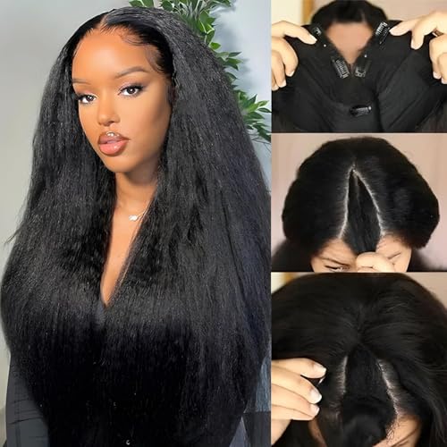 V Part Wig Human Hair Kinky Straight 18 Inch V Part Wig Yaki Straight Clip in Half Wigs for Black Women Human Hair Glueless No Leave Out 180% Density Natural Color