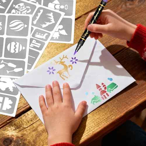 Christmas Temporary Tattoo Markers for Skin, 8 metallic Body Markers + 155 Temporary Tattoo Stencil Stickers, Face Body Paint Kit for Kids and Adults, X-Mas Party Gift