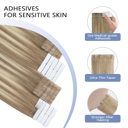 COOKAYU Invisi Edge Tape in Hair Extensions Human Hair, Ash Brown to Platinum Blonde 22Inch 20pcs 50g Straight Remy Seamless Injected Tape in extensions