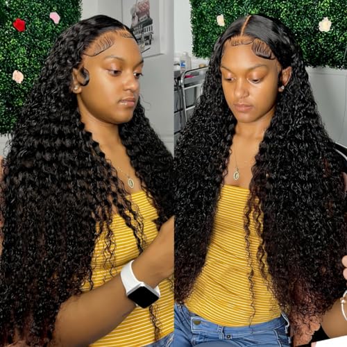 LICHANG Deep Wave Lace Front Wigs Human Hair 4x4 Transparent Lace Closure Wet and Wavy Wigs for Black Women Pre Plucked Human Hair Wig with 180% Density Nature Color 22 Inch