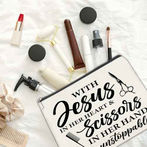 Hair Stylist Gifts for Women Cosmetic Bag - Hairstylist Gift Small Makeup Bag - with Jesus in Her Heart and Scissors in Her Hand Zipper Makeup Pouch (1Pcs)