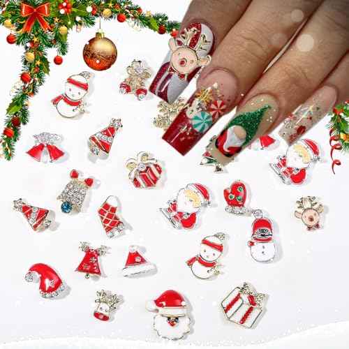 Christmas Nail Charms 3D Snowman Reindeer Bell Santa Nail Rhinestones Shiny Christmas Tree Gloves Hat Gift Box Design Nail Gems Jewelry Cute Elk Nail Charms for Women Acrylic Nail DIY Supplies 16Pcs