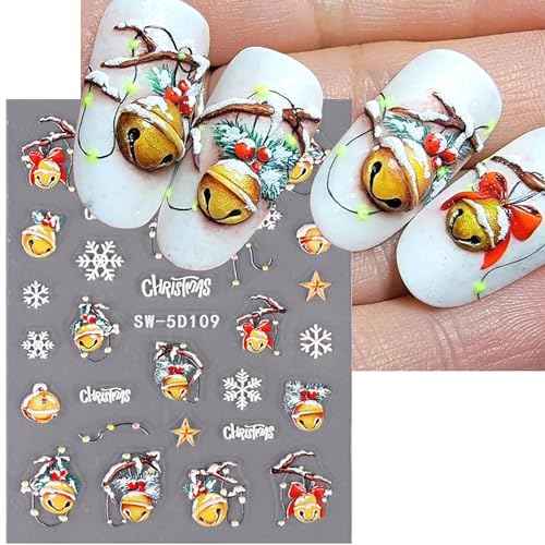 Christmas Nail Stickers Snowflake Nail Decals 5D Exquisite Embossed Nail Art Supplies Christmas Bells Gloves Feather Design Self-Adhesive Nail Art Stickers Xmas Nail Decoration for Women, 3 Sheets