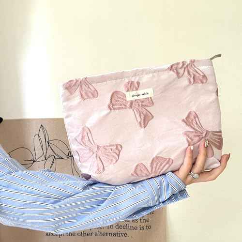 Pink Bow Makeup Bag for Purse Zipper - Large Capacity Canvas Cosmetic Organizer, Coquette Preppy Travel Toiletry Pouch for Women and Girls Gift Idea