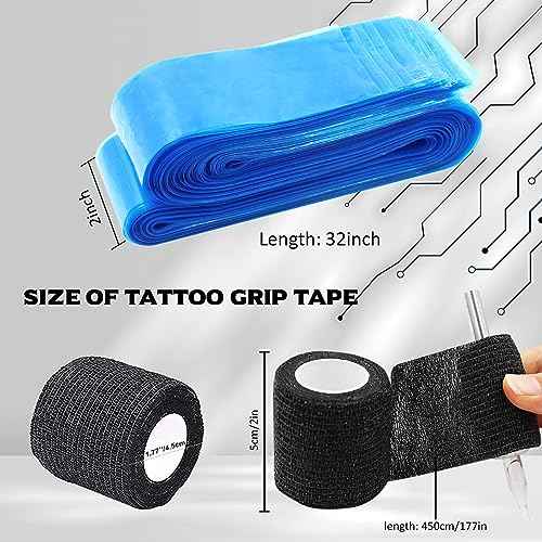Clip Cord Covers with Tattoo Grip Tapes - 125pcs Clip Cord Sleeves and 6pcs Grips Tapes Blue PlasticTattoo Bags with Black Self-Adhesive Bandages Cover