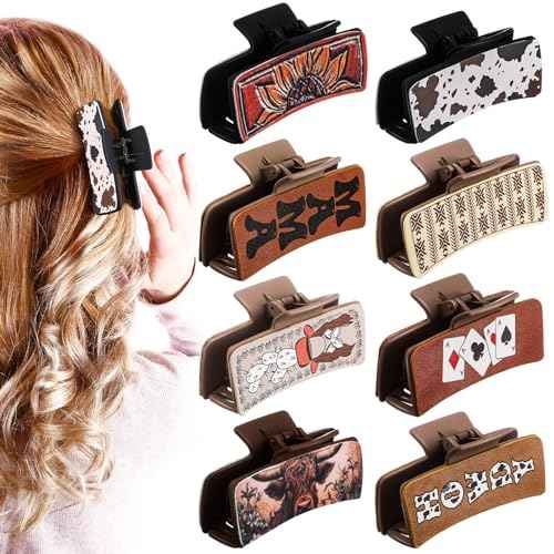 8 Pcs Western Hair Claw Clips Gifts Leather Highland Cow Print Large Hair Claw Clips Western Accessories Christmas Supplies for Women Long Short Hairstyle Gifts(Highland)