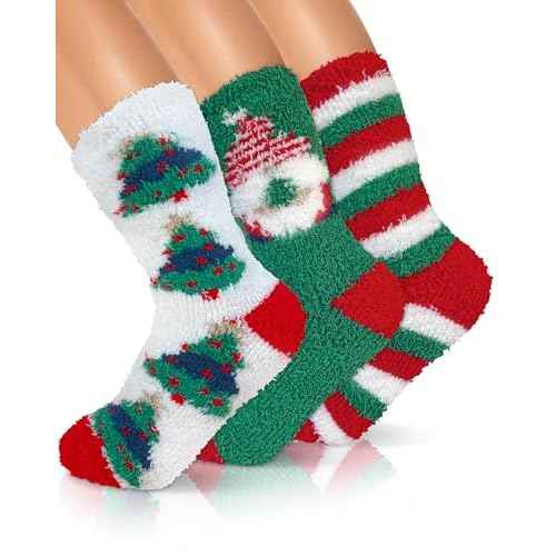72-Needle Buttery Soft Christmas Fuzzy Socks for Women, Christmas Gifts Stocking Stuffers, Fluffy Cozy Warm Thick Winter Cute Holiday Socks 3 Pairs