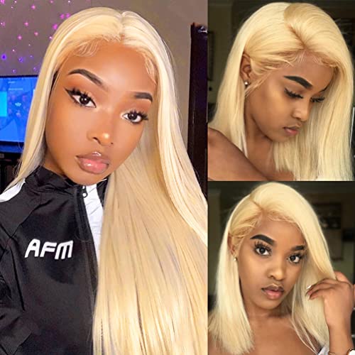 613 Blonde Human Hair Bundles with Closure 100% Brazilian Virgin Straight Bundles with 4x4 Lace Closure 613 Platinum 3 Straight Bundles Human Hair Weave with 4x4 Lace Closure (10 12 14+10)