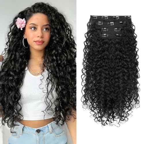 Clip in Hair Extensions, FLUFYMOOZ 4PC 100£¥ Pure Protein Silk Hair Extensions Long Soft Natural Hairpiece 20 Inch Curly Hair Extension for Women (Black Brown)
