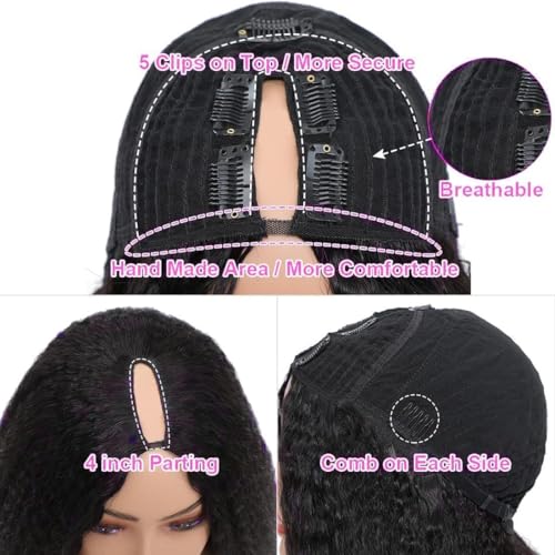 V Part Wig Human Hair Kinky Straight 18 Inch V Part Wig Yaki Straight Clip in Half Wigs for Black Women Human Hair Glueless No Leave Out 180% Density Natural Color