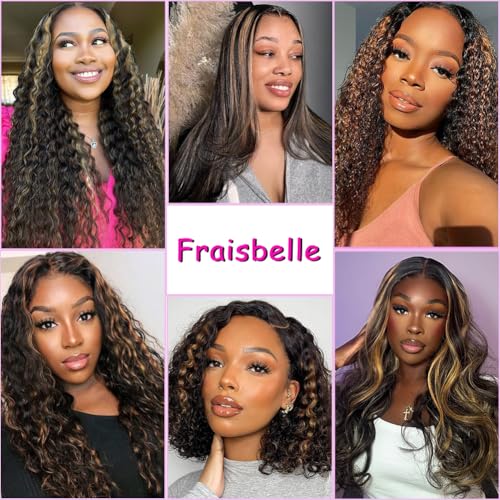 Highlight Water Wave Bundles with Closure Human Hair Honey Brown Balayage Curly Wave Human Hair Bundle 1B/27 Colored 3 Bundles with 4x4 HD Lace Closure Free Part (10 12 14+10)