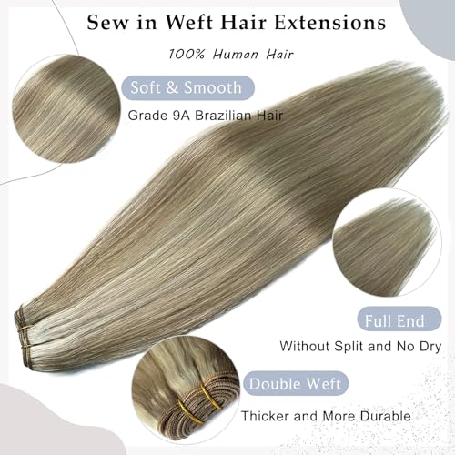 Balayage Blonde Hand Tied Weft Hair Extensions Human Hair 20 Inch Sew in Hair Extensions Real Human Hair 100G Ash Blonde Balayage Blonde Real Human Hair Weave Bundles Weft Extensions