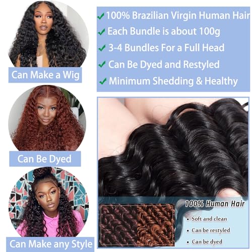 Deep Wave Human Hair Bundles 18 20 22 Inch Deep Curly Bundles Human Hair 12A Unprocessed Brazilian Virgin Weave 3 Bundles Real Human Hair Extensions 1B Natural Black Bundle for Women