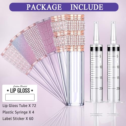AMORIX 72pcs 5ml Diamond Lip Gloss Tubes With Wand - Empty Rhinestone Containers, Crystal Bottles, Supplies Kit - 4 Syringes + Labels for DIY Base
