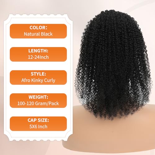 Afro Kinky Curly Ponytail Human Hair 150% Density Brazilian Virgin Hair 4C Afro Puff Drawstring Ponytail Extension for Black Women Natural Color 24 Inch