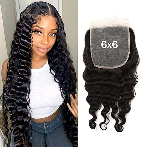 6x6 Lace Closure Loose Deep Wave Free Part Remy Virgin Human Hair Extensions Pre-plucked With Baby Hair Natural Black Color 14 inch
