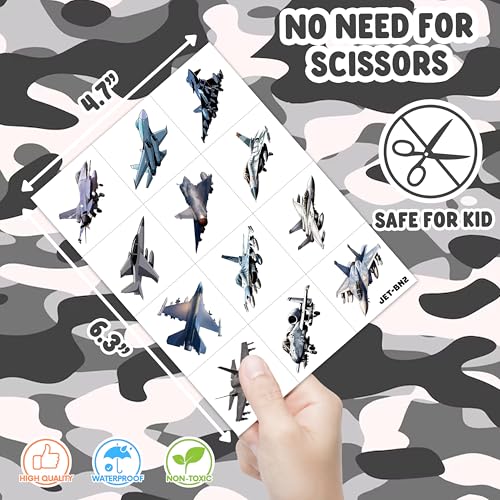 96PCS Jet Temporary Tattoos Pre-Cut Fighter Jet Birthday Party Decorations Party Favors Supplies Aircraft Plane Airplane Military Tattoos Stickers for Kids Boys Girls Gifts (Normal)