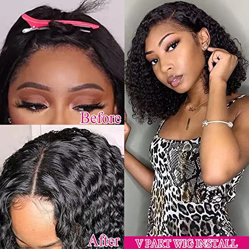 Curly Pixie Cut Wig Human Hair Wigs V Part Human Hair Wig No Leave Out Brazilian Human Hair Wig For Black Women Curly Bob Wig Upgrade U Part Wig NO Glueless 180% Density Natural Black 14 Inch