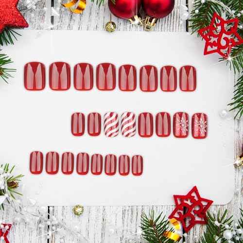 Christmas Press on Nails Short Square Red Nails Press Ons with Candy Stripes Snowflakes Designs Acrylic Fake Nail with Wearing Tools Removeable Xmas Artificial Nails 24pcs New Year Gifts