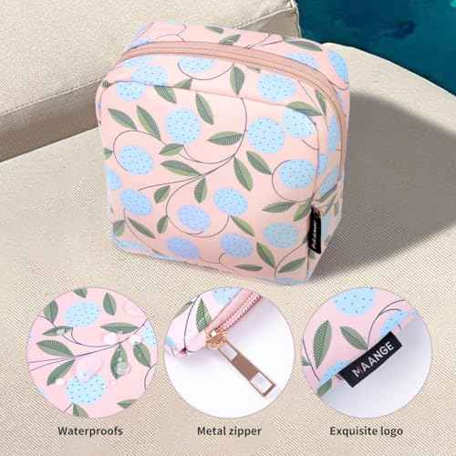 MAANGE Small Makeup Bag for Purse, Portable Cosmetic Bag, Mini Makeup Bag with Slip-in Pockets, Cute Make Up Bag, Pouches for Purse Women (Pink Plants)