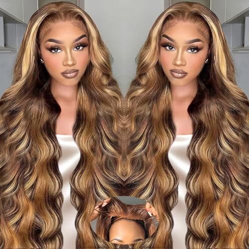 Honey Blonde Ombre Wig Human Hair 30inch Ombre Lace Front Wig Human Hair Loose Body Wave 9x6 Glueless Wigs Human Hair Pre Plucked Pre Cut 4/27 Lace Front Wig 220% Density