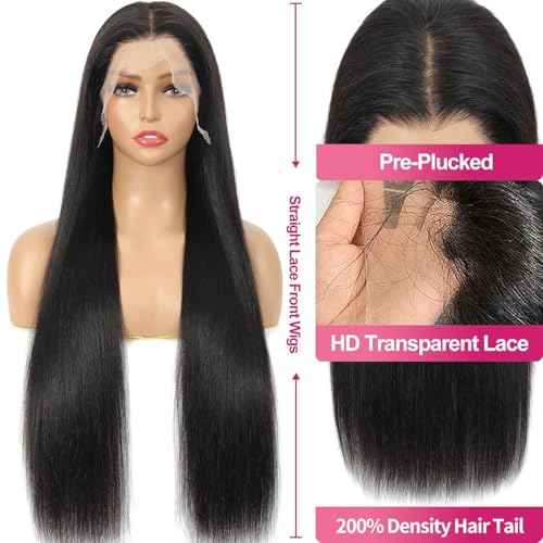 Synthetic Lace Front Wig, 13x6 Lace Frontal Wigs Human Hair Touch Pre-Plucked Long Straight Glueless 1B Black Wig 30 inch Vogue Highlight Technology-Premium Fiber & Human Hair Blended