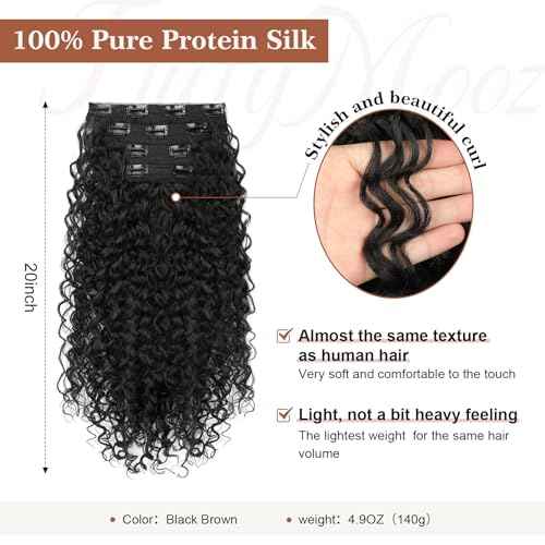 Clip in Hair Extensions, FLUFYMOOZ 4PC 100£¥ Pure Protein Silk Hair Extensions Long Soft Natural Hairpiece 20 Inch Curly Hair Extension for Women (Black Brown)