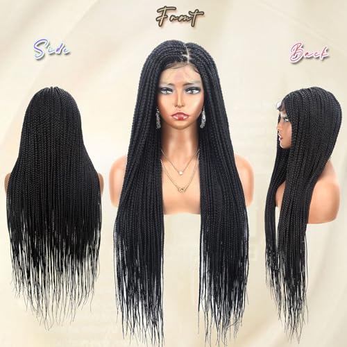 36" Full Lace Knotless Box Braided Wigs for Black Women Twisted Braids Lace Synthetic Frontal Black Cornrow Wig with Baby Hair, Lightweight (1B)