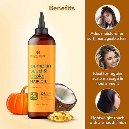 Botanic Hearth 100% Pure Pumpkin Castor Oil For Hair Growth | Infused with Pumpkin, Castor, Biotin | Hair Oil Repairs Dry Damaged Hair, Strengthening, Healthier - Hair Tonic, 6.7 fl oz