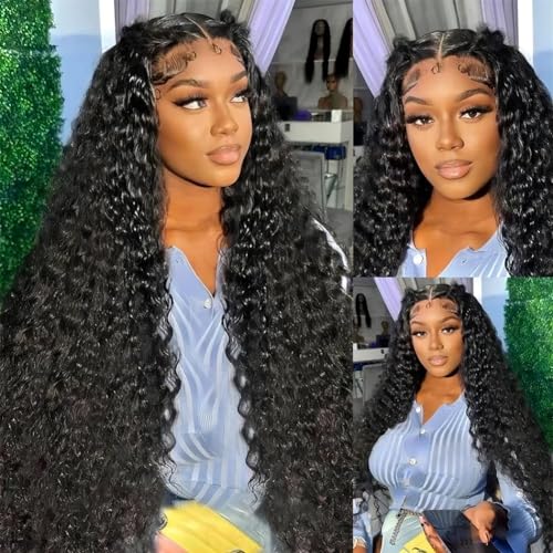LICHANG Deep Wave Lace Front Wigs Human Hair 4x4 Transparent Lace Closure Wet and Wavy Wigs for Black Women Pre Plucked Human Hair Wig with 180% Density Nature Color 24 Inch