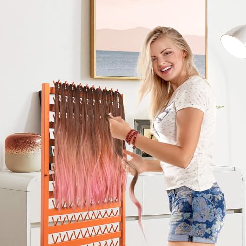 Braiding Hair Rack 300 Pegs Metal Hair Extension Holder 2-Sided Adjustable Hair Braid Tools Hair Separator Stand with Wheels Tangerine Yellow Standing Braid Rack for Hair Stylist