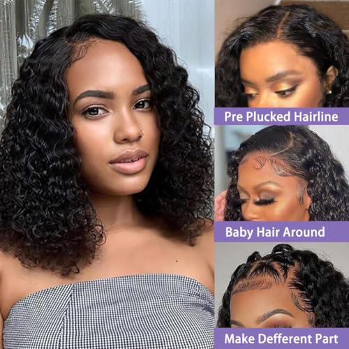 Sungirl Bob Wig Human Hair 13x4 Deep Wave Curly Lace Front Wigs Human Hair For Women Short Bob Wig Pre Plucked with Baby Hair Glueless Hair Curly Wigs Nature Hairline 180% Density 16 Inch